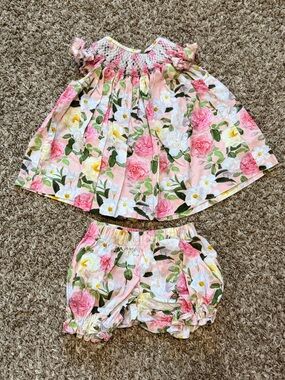 Pink Floral Smocked Top & Bloomers Set